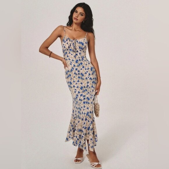 Commense Floral Print Knotted Irregular Hem Long Dress - Picture 1 of 11